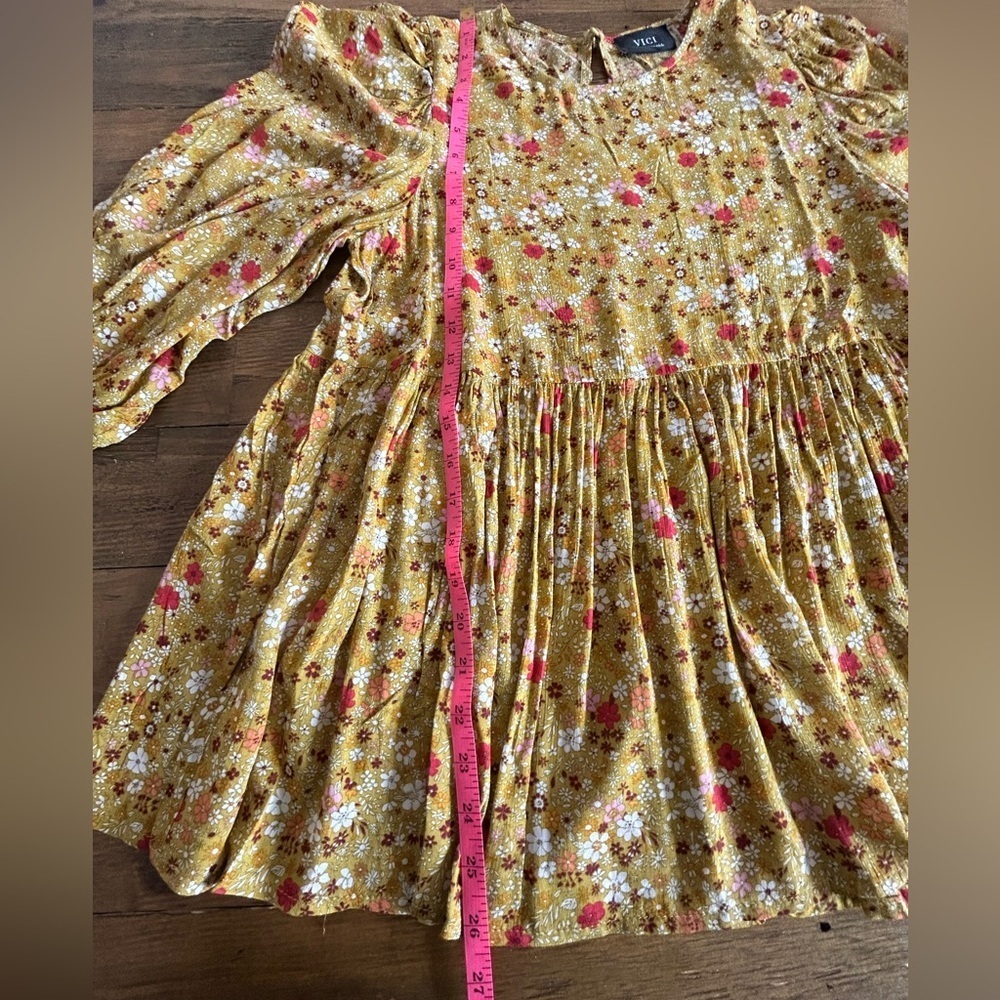 VICI Floral Babydoll Peplum Mustard  Mini floral Yellow Boho Cottagecore Top - Picture 10 of 11
